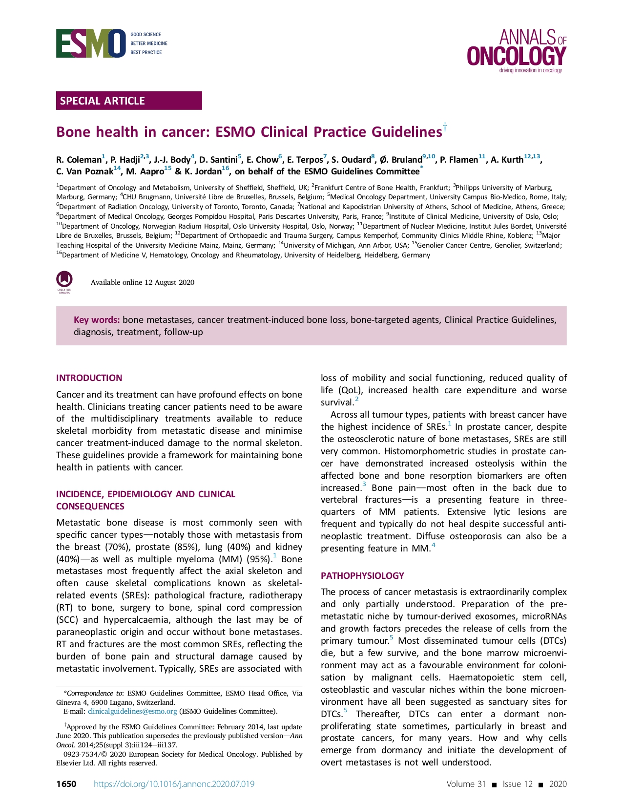 Bone health in cancer: ESMO Clinical Practice Guidelines (2020)