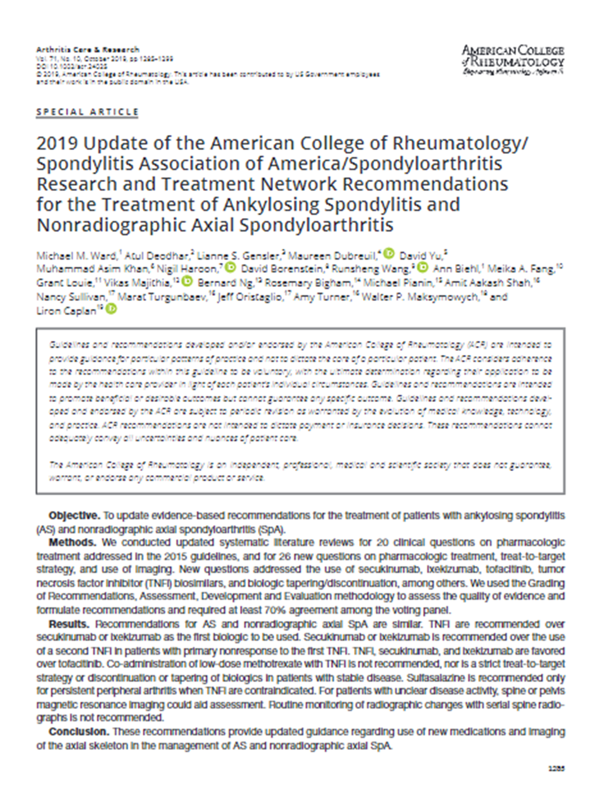 2019 Update of the American College of Rheumatology/ Spondylitis Association of America/Spondyloarthritis Research and Treatment Network Recommendations for the Treatment of Ankylosing Spondylitis and Nonradiographic Axial Spondyloarthritis (ACR 2019)