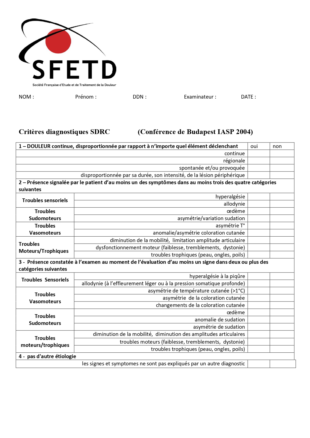 Critères diagnostiques SDRC (Conférence de Budapest IASP 2004)