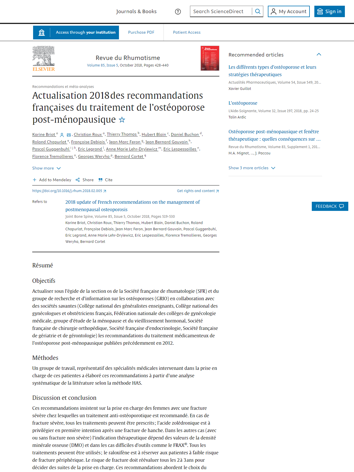 Actualisation 2018 des recommandations françaises du traitement de l’ostéoporose post-ménopausique (SFR 2018)