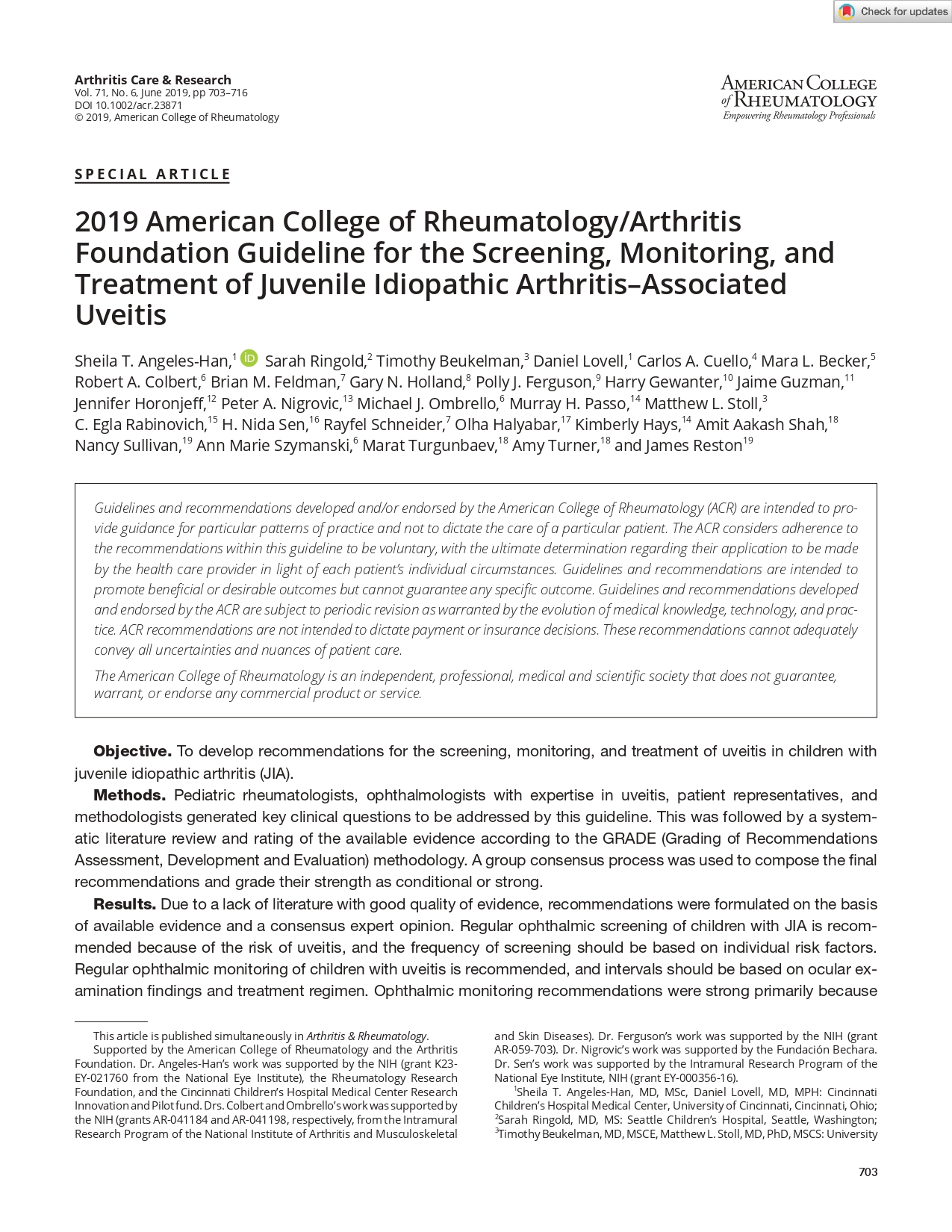 2019 American College of Rheumatology/Arthritis Foundation Guideline for the Screening, Monitoring, and Treatment of Juvenile Idiopathic Arthritis–Associated Uveitis (ACR 2019)