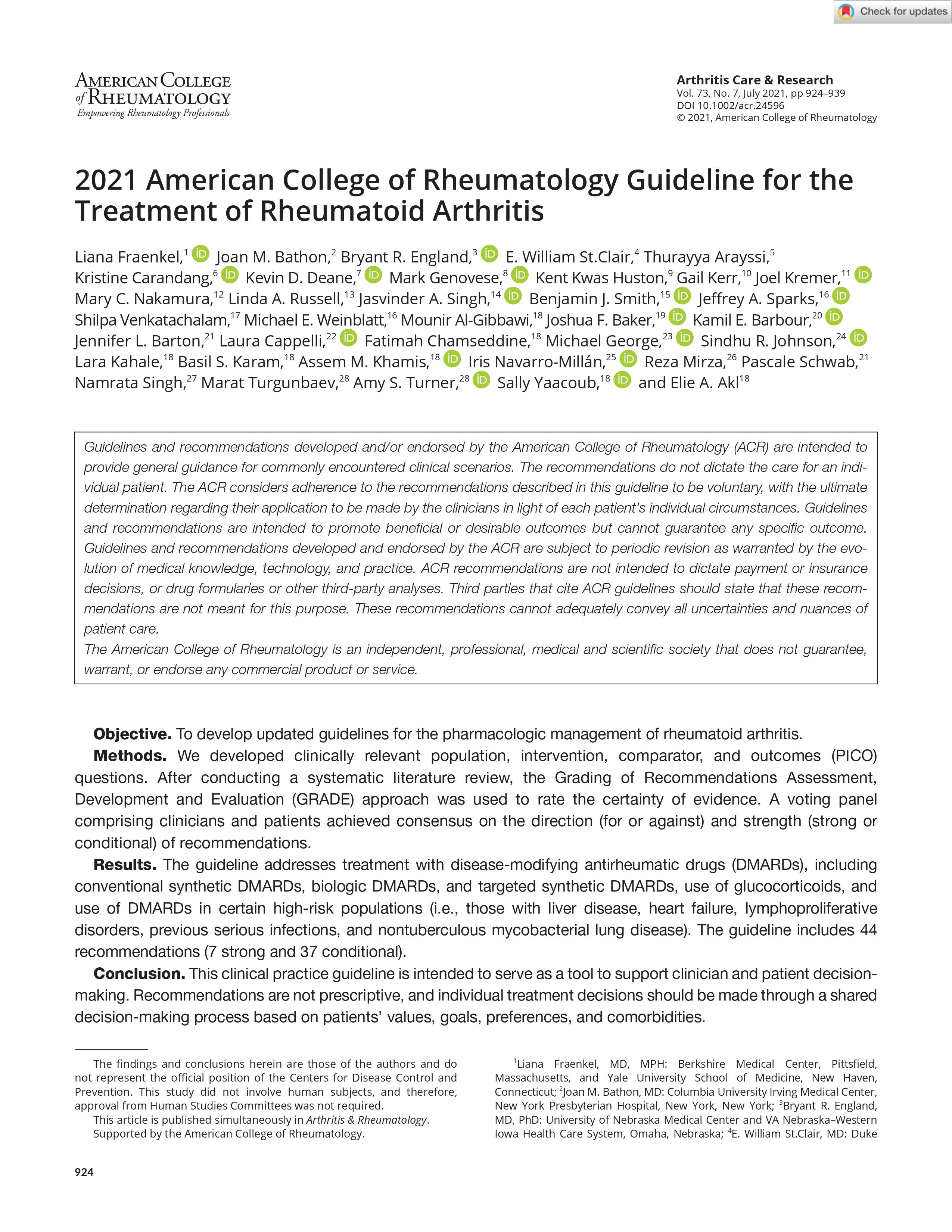 2021 American College of Rheumatology Guideline for the Treatment of Rheumatoid Arthritis (ACR 2021)