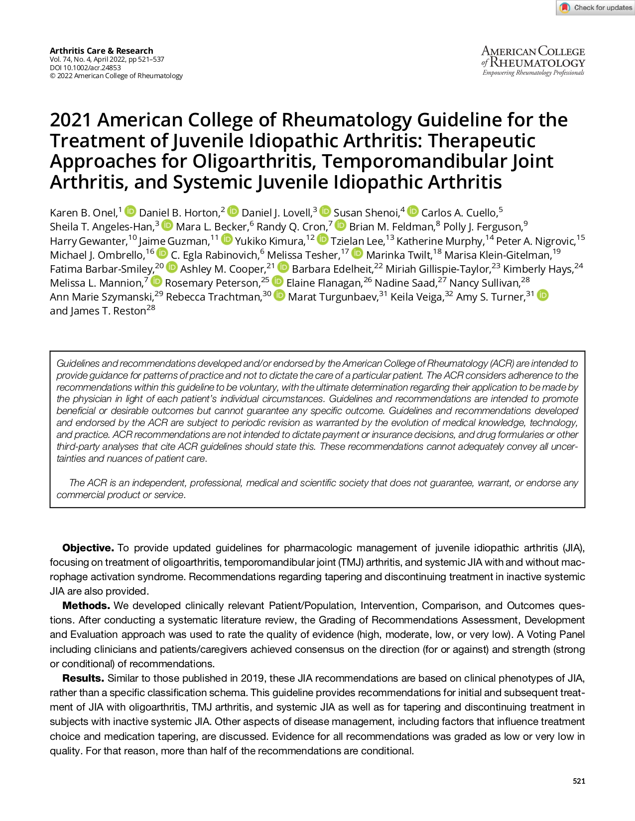 2021 American College of Rheumatology Guideline for the Treatment of Juvenile Idiopathic Arthritis: Therapeutic Approaches for Oligoarthritis, Temporomandibular Joint Arthritis, and Systemic Juvenile Idiopathic Arthritis (ACR 2021)