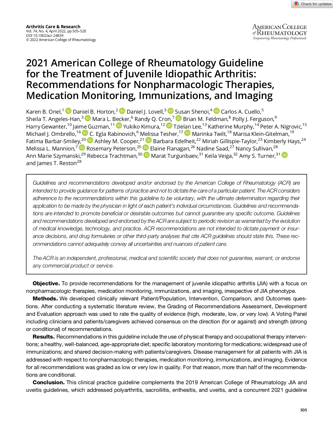 2021 JIA Nonpharmacologic, Medication Monitoring, Immunizations, and Imaging Guideline (ACR 2021)