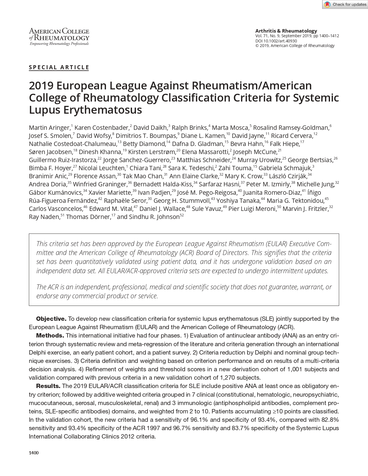 2019 European League Against Rheumatism/American College of Rheumatology classification criteria for systemic lupus erythematosus (EULAR 2019)