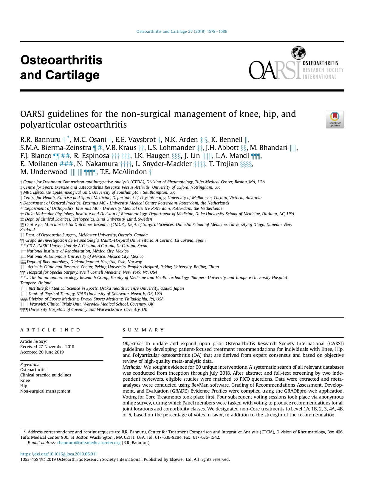 2019, OARSI guidelines for the non-surgical management of knee, hip, and polyarticular osteoarthritis (OARSI 2019)