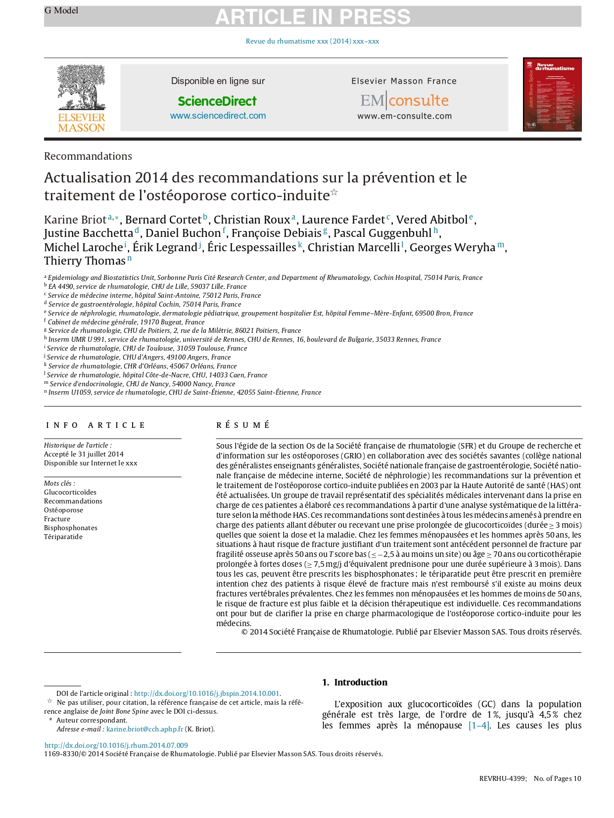 Actualisation 2014 des recommandations sur la prévention et le traitement de l’ostéoporose cortico-induite (GRIO 2014)