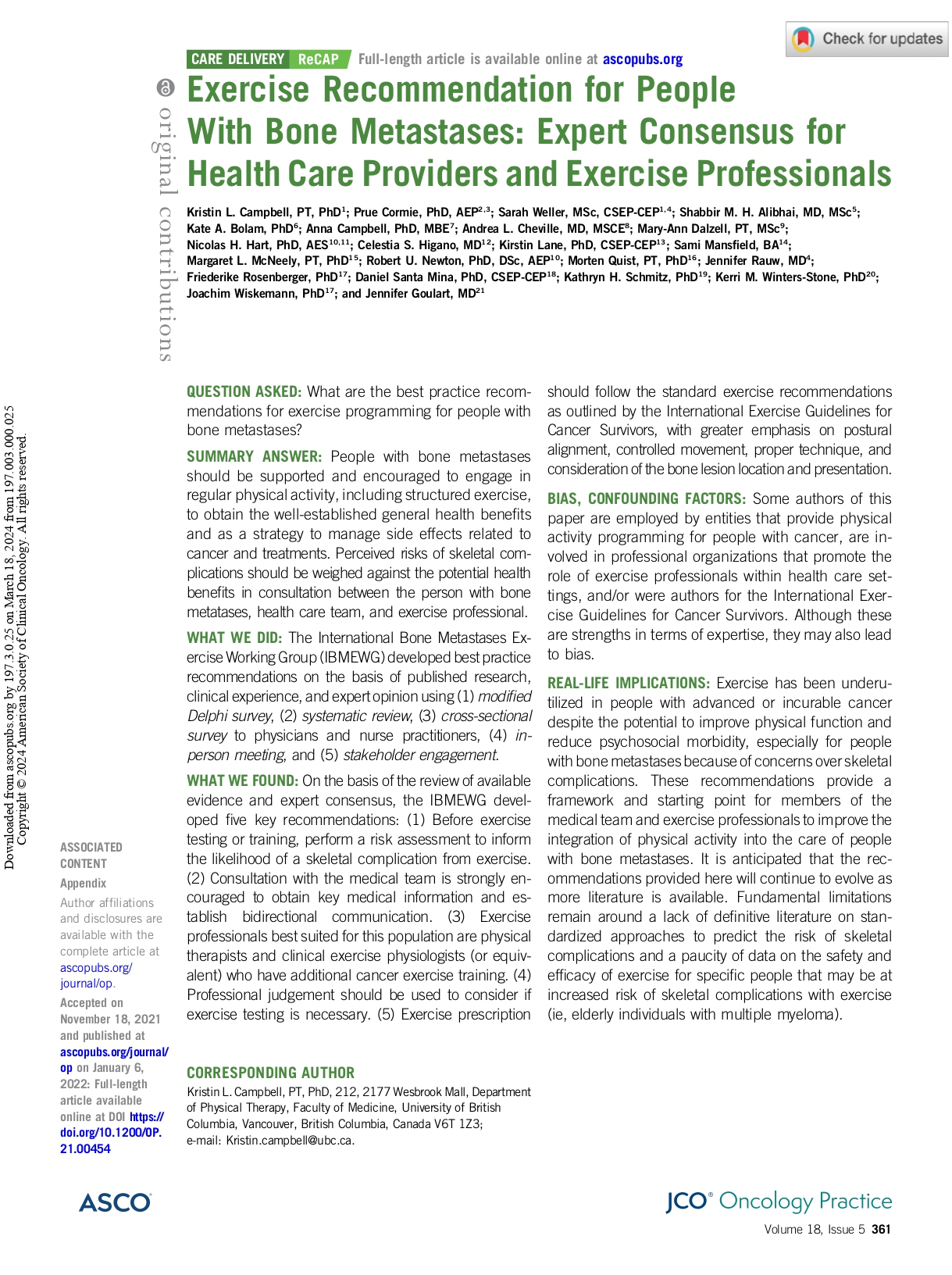 Exercise Recommendation for People With Bone Metastases: Expert Consensus for Health Care Providers and Exercise Professionals (2022)