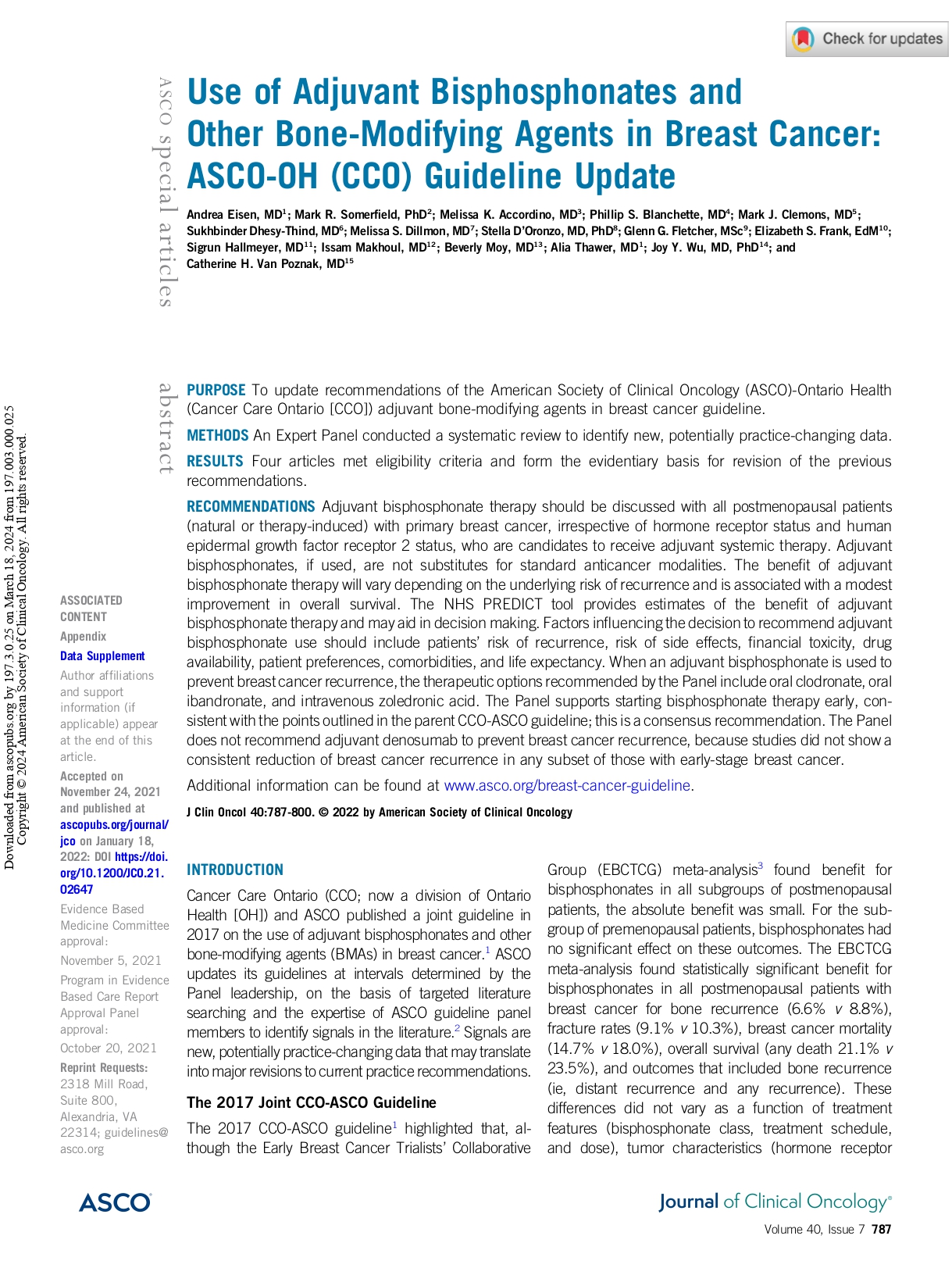 Use of Adjuvant Bisphosphonates and Other Bone-Modifying Agents in Breast Cancer: ASCO-OH (CCO) Guideline Update (2022)