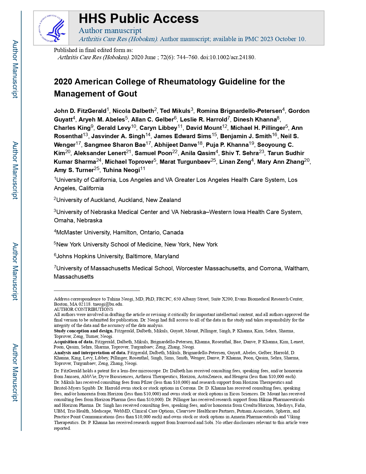 2020 American College of Rheumatology Guideline for the Management of Gout (ACR 2020)