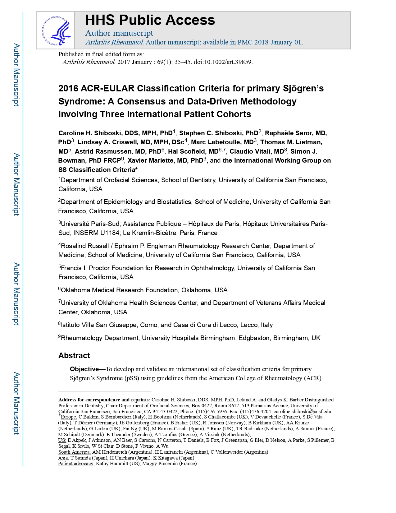 2016 American College of Rheumatology/European League Against Rheumatism classification criteria for primary Sjögren's syndrome (ACR 2016)