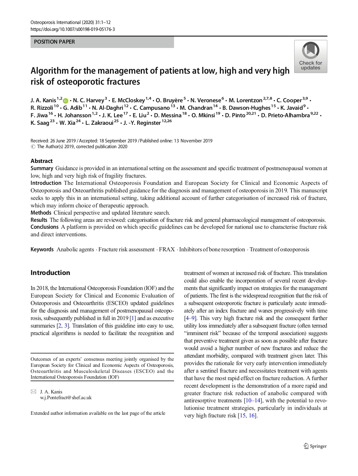 Algorithm for the management of patients at low, high and very high risk of osteoporotic fractures