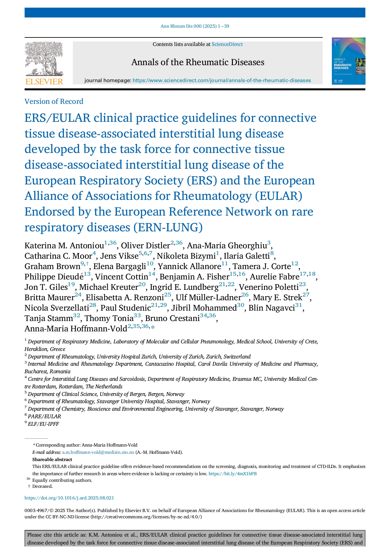 ERS/EULAR clinical practice guidelines for connective tissue disease-associated interstitial lung disease developed by the task force for connective tissue disease-associated interstitial lung disease of the European Respiratory Society (ERS) and the Euro