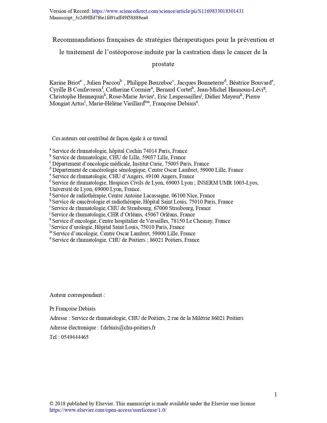 Recommandations françaises de stratégies thérapeutiques pour la prévention et le traitement de l’ostéoporose induite par la castration dans le cancer de la prostate (2019)
