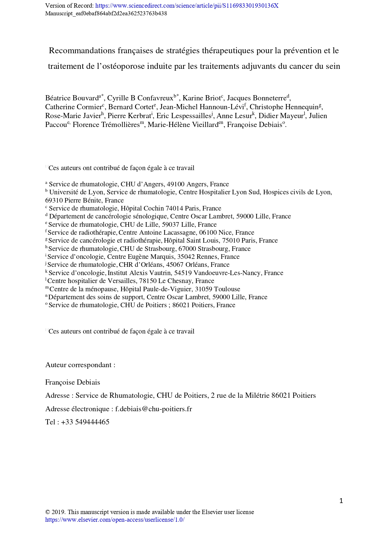 Recommandations françaises de stratégies thérapeutiques pour la prévention et le traitement de l’ostéoporose induite par les traitements adjuvants du cancer du sein (2019)