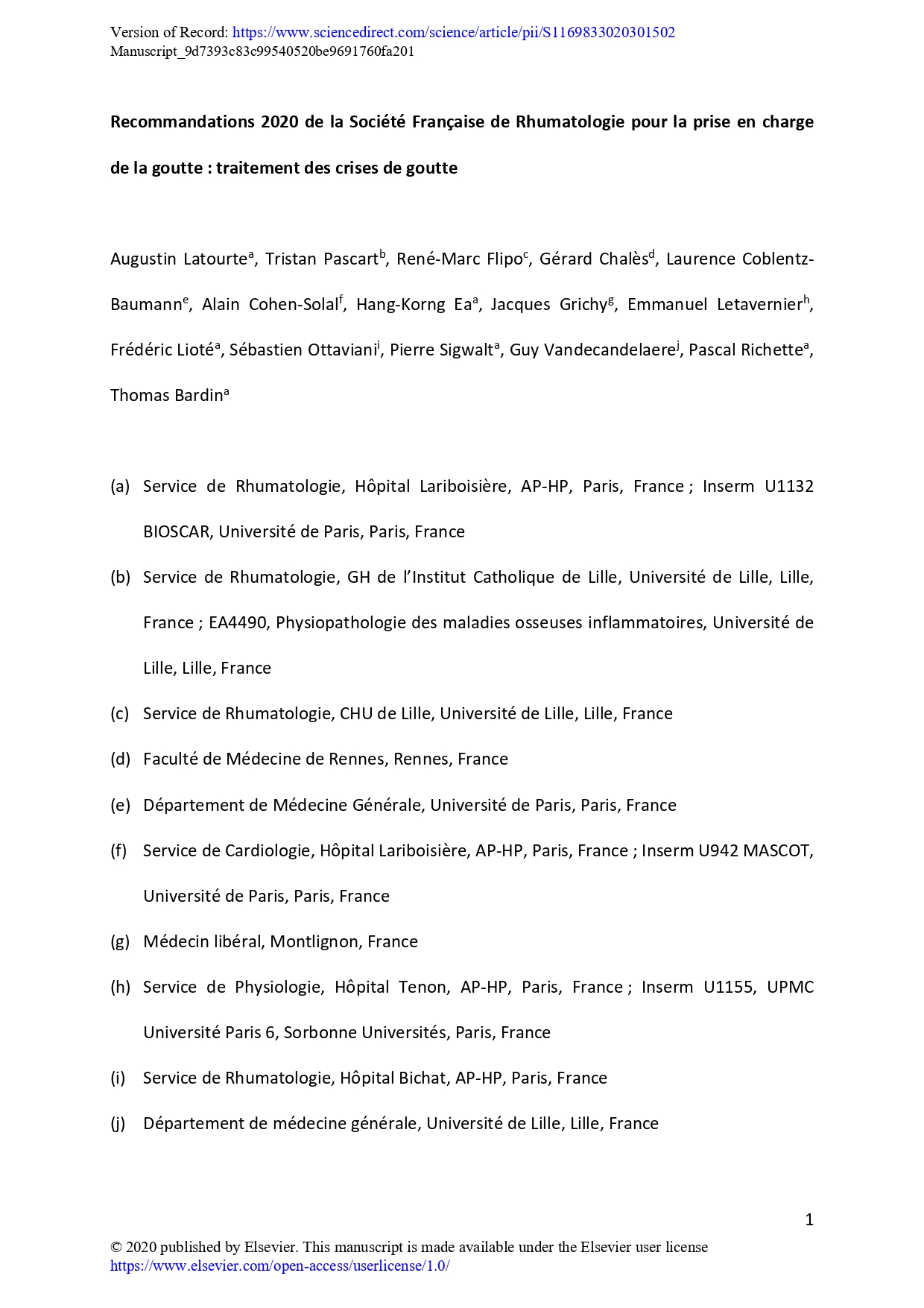 Recommandations 2020 de la Société française de rhumatologie pour la prise en charge de la goutte : traitement des crises de goutte (SFR 2020)