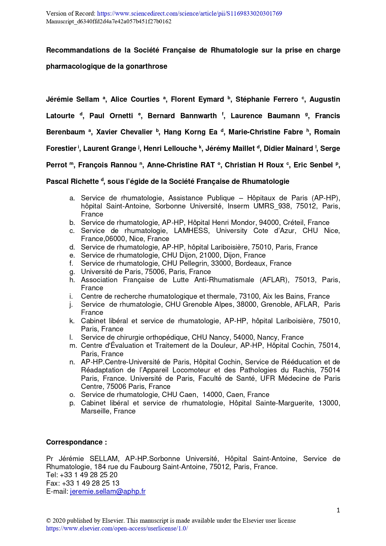 Recommandations de la Société française de rhumatologie sur la prise en charge pharmacologique de la gonarthrose (SFR 2020)
