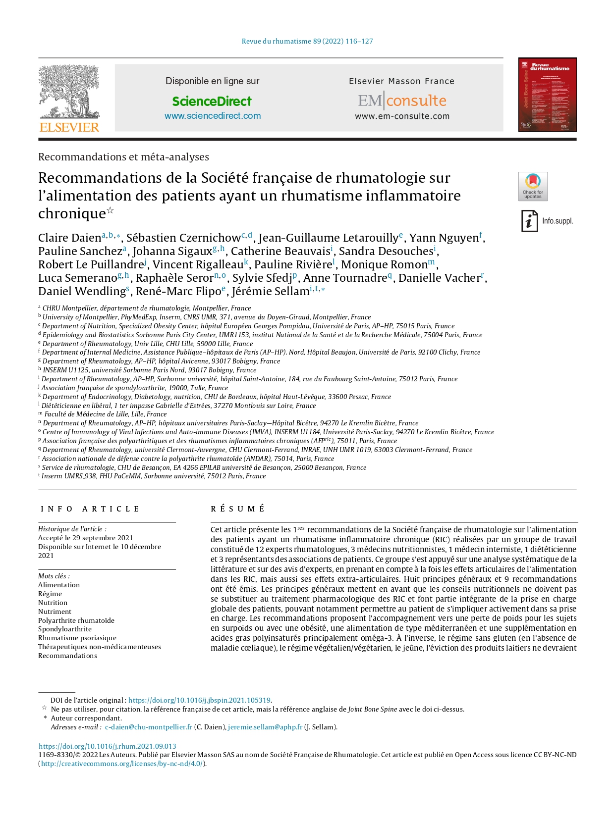 Recommandations de la Société française de rhumatologie sur l’alimentation des patients ayant un rhumatisme inflammatoire chronique (SFR 2022)