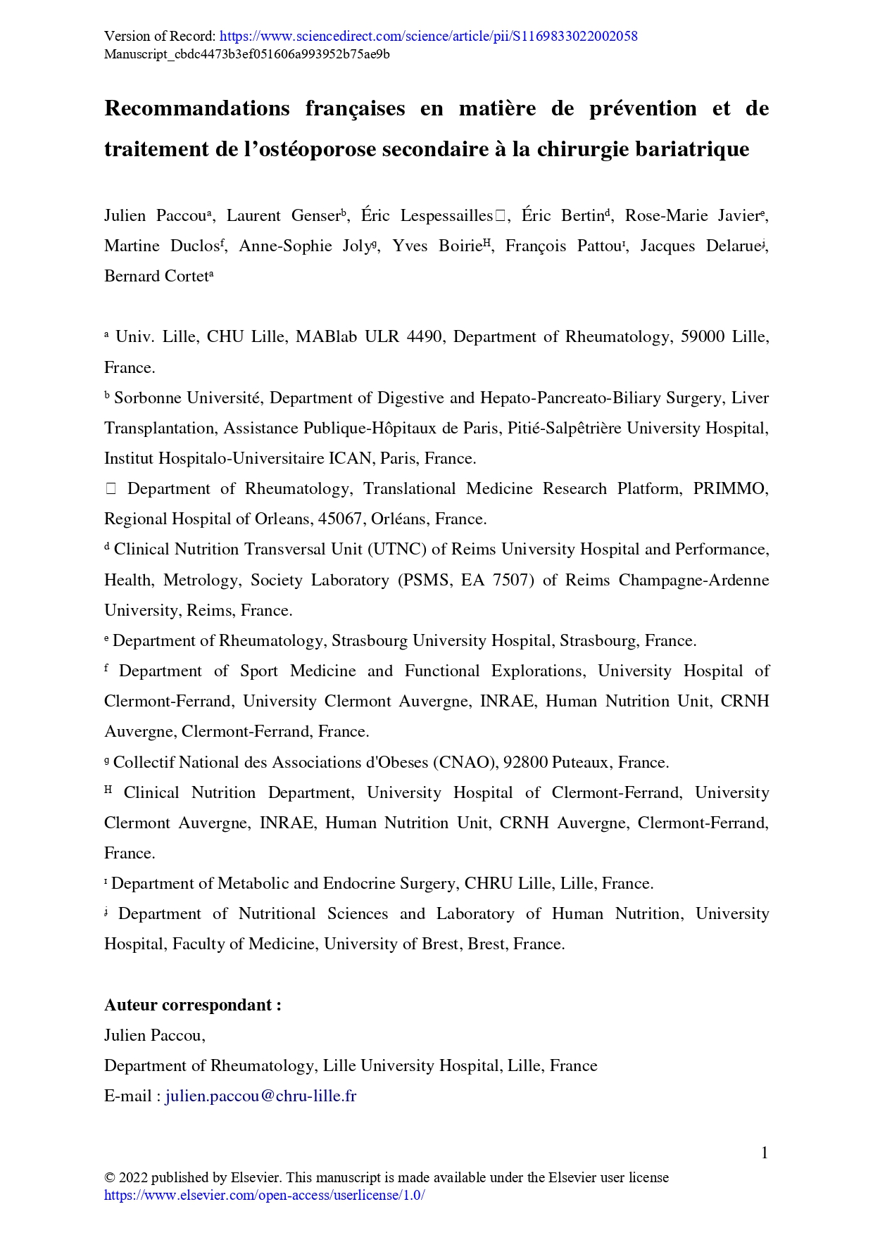 Recommandations françaises 2022 en matière de prévention et de traitement de l’ostéoporose secondaire à la chirurgie bariatrique (SFR&GRIO 2022)