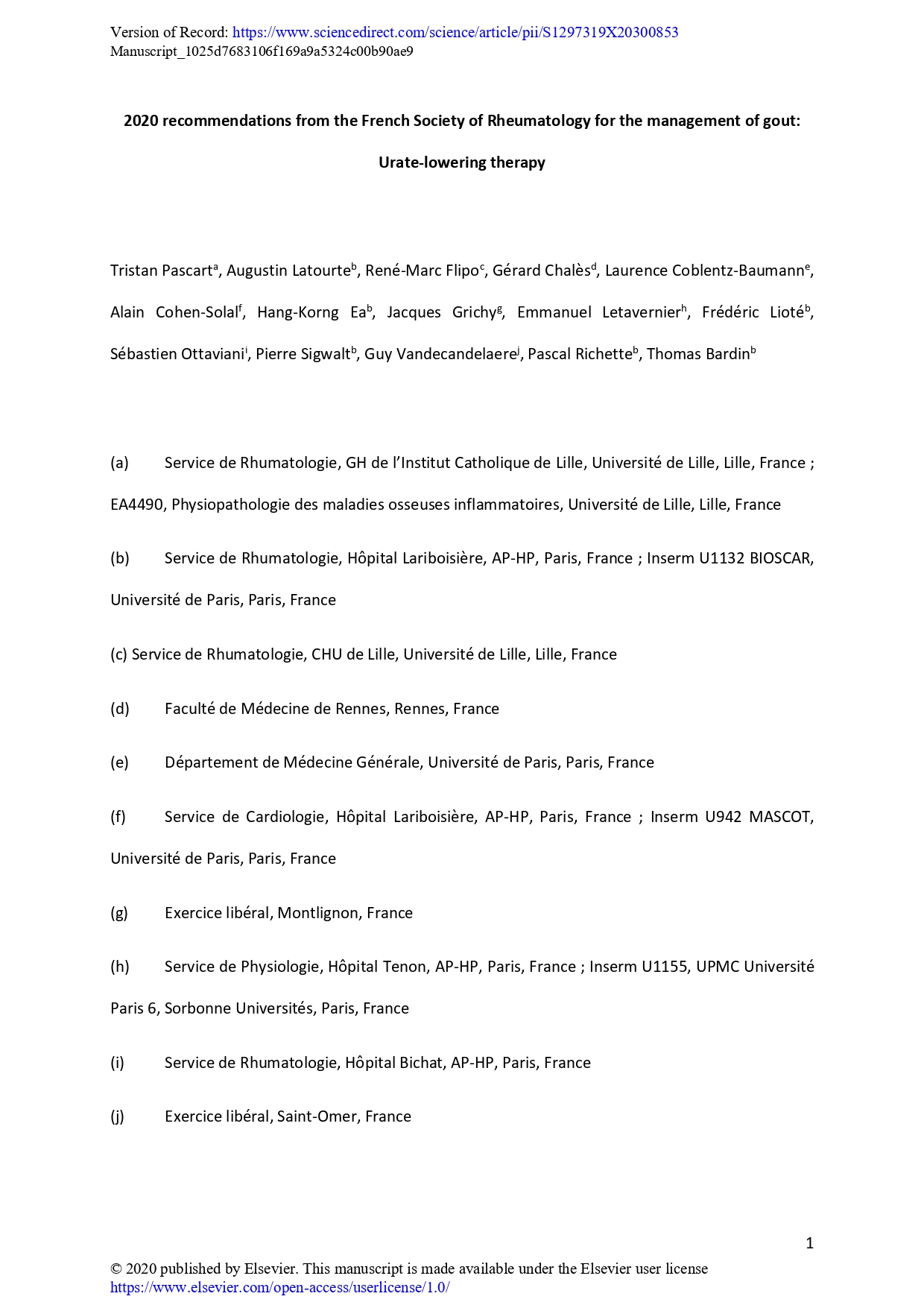 2020 recommendations from the French Society of Rheumatology for the management of gout (SFR 2020): Urate-lowering therapy
