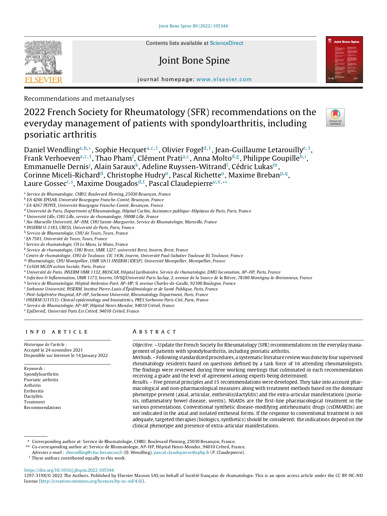 2022 French Society for Rheumatology (SFR) recommendations on the everyday management of patients with spondyloarthritis, including psoriatic arthritis (SFR 2022)