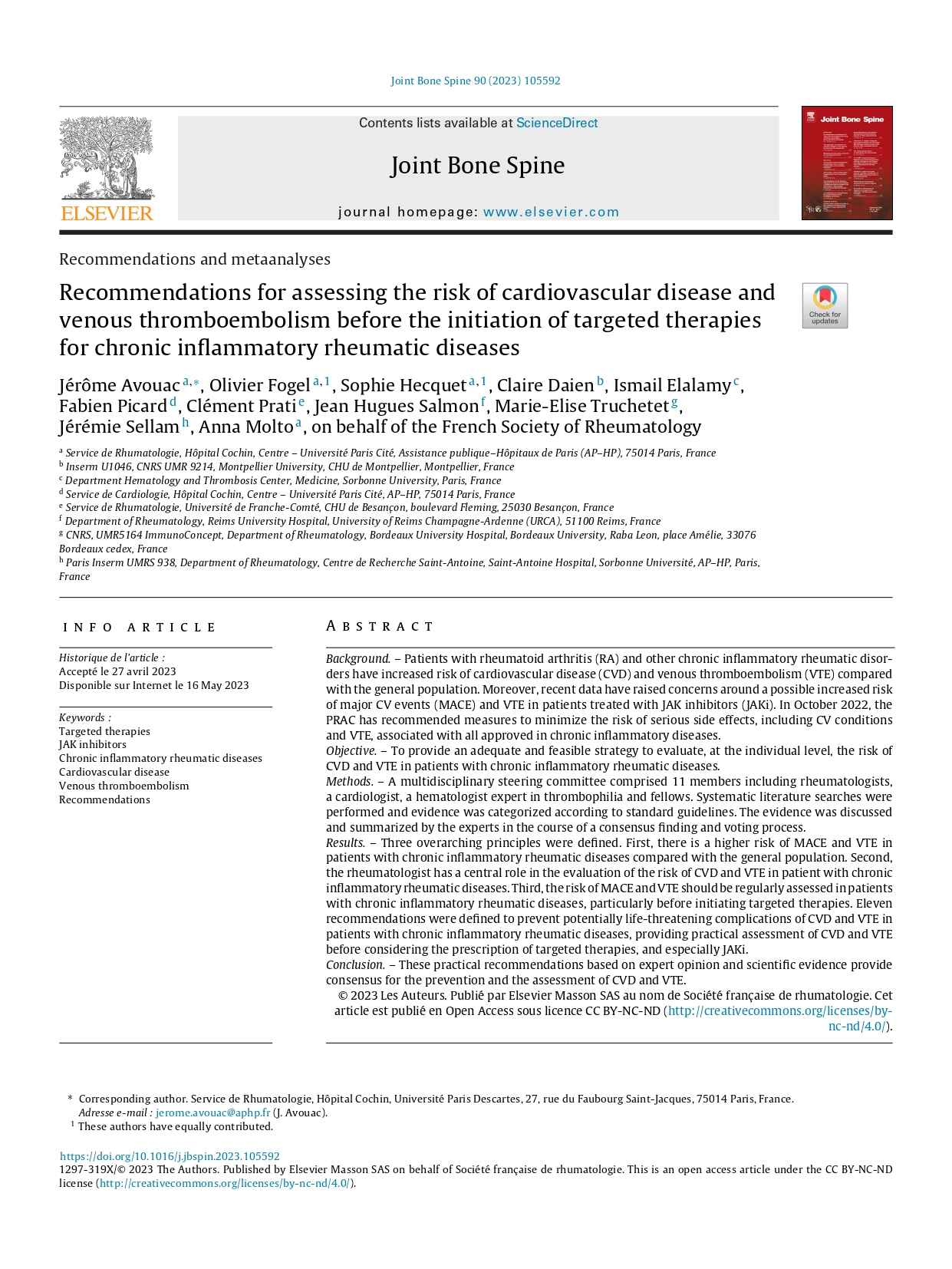 Recommendations for assessing the risk of cardiovascular disease and venous thromboembolism before the initiation of targeted therapies for chronic inflammatory rheumatic diseases (SFR 2023)