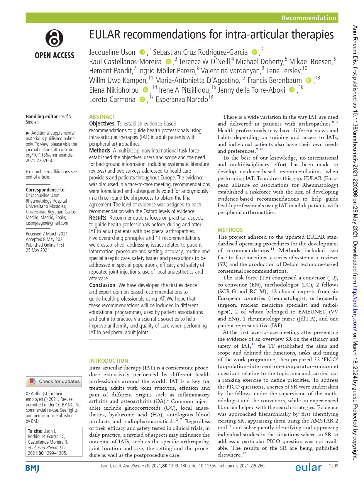 EULAR recommendations for intra-articular therapies (EULAR 2021)