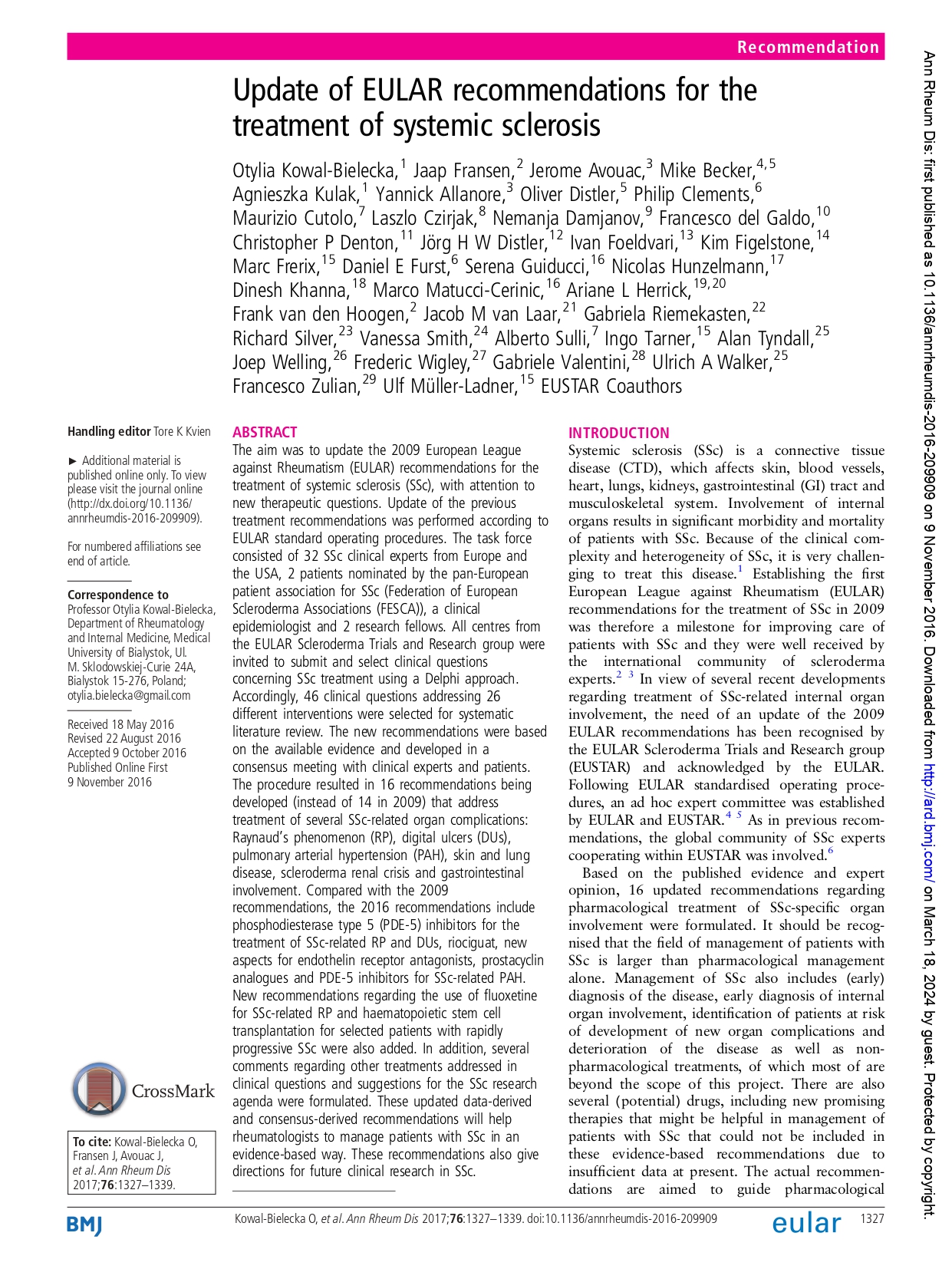 Update of EULAR recommendations for the treatment of systemic sclerosis (EULAR 2016)