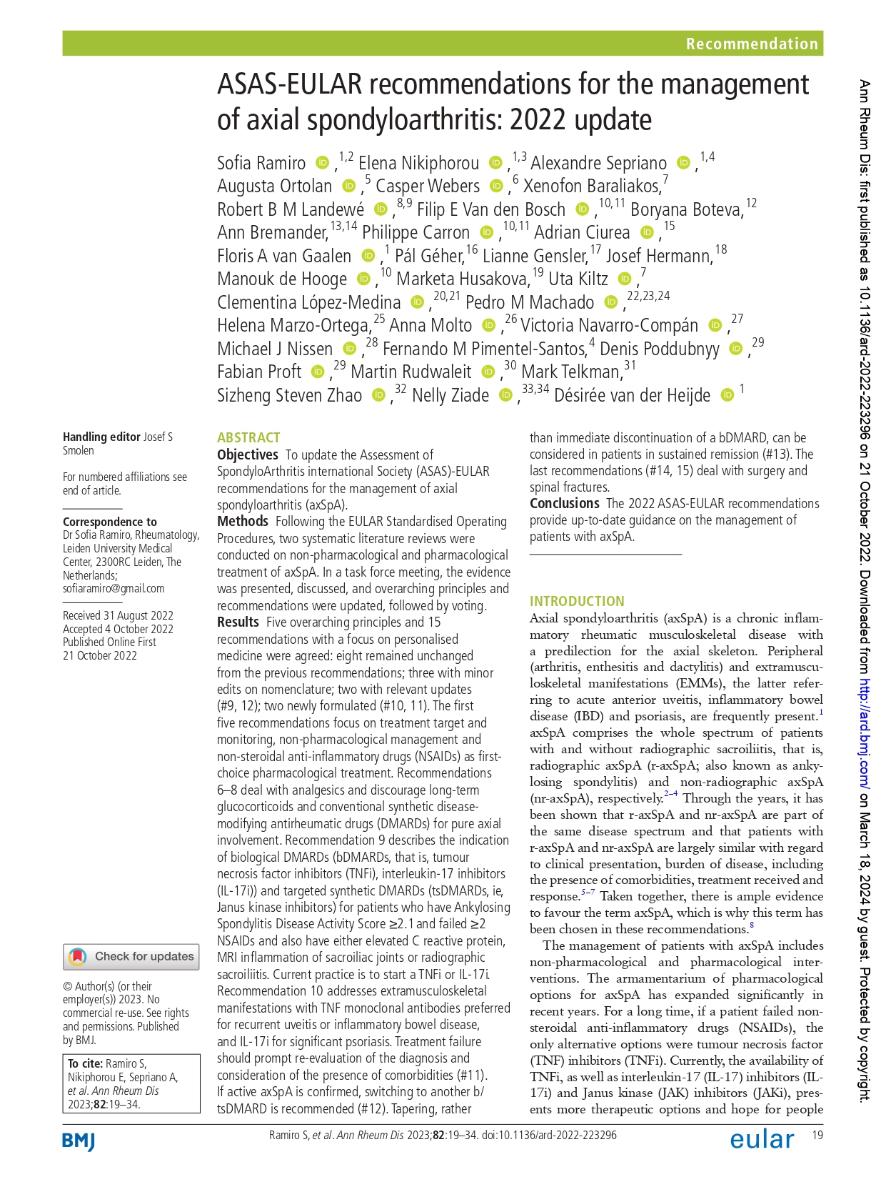 ASAS-EULAR recommendations for the management of axial spondyloarthritis: 2022 update (EULAR 2022):