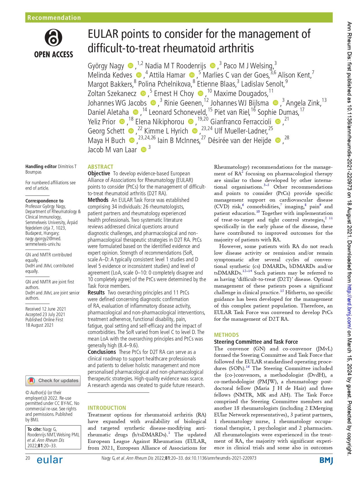 EULAR points to consider for the management of difficult-to-treat rheumatoid arthritis (EULAR 2022)