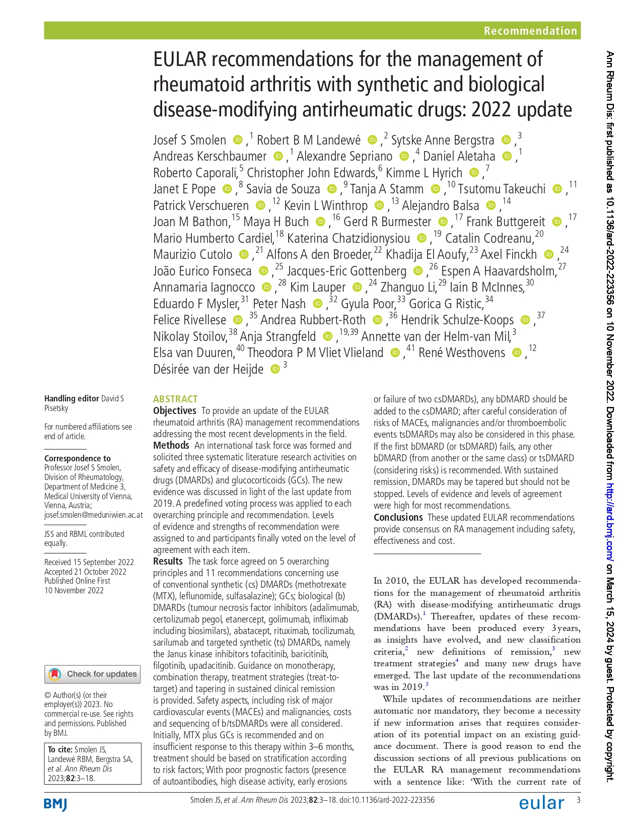 EULAR recommendations for the management of rheumatoid arthritis with synthetic and biological disease-modifying antirheumatic drugs: 2022 update (EULAR 2022)