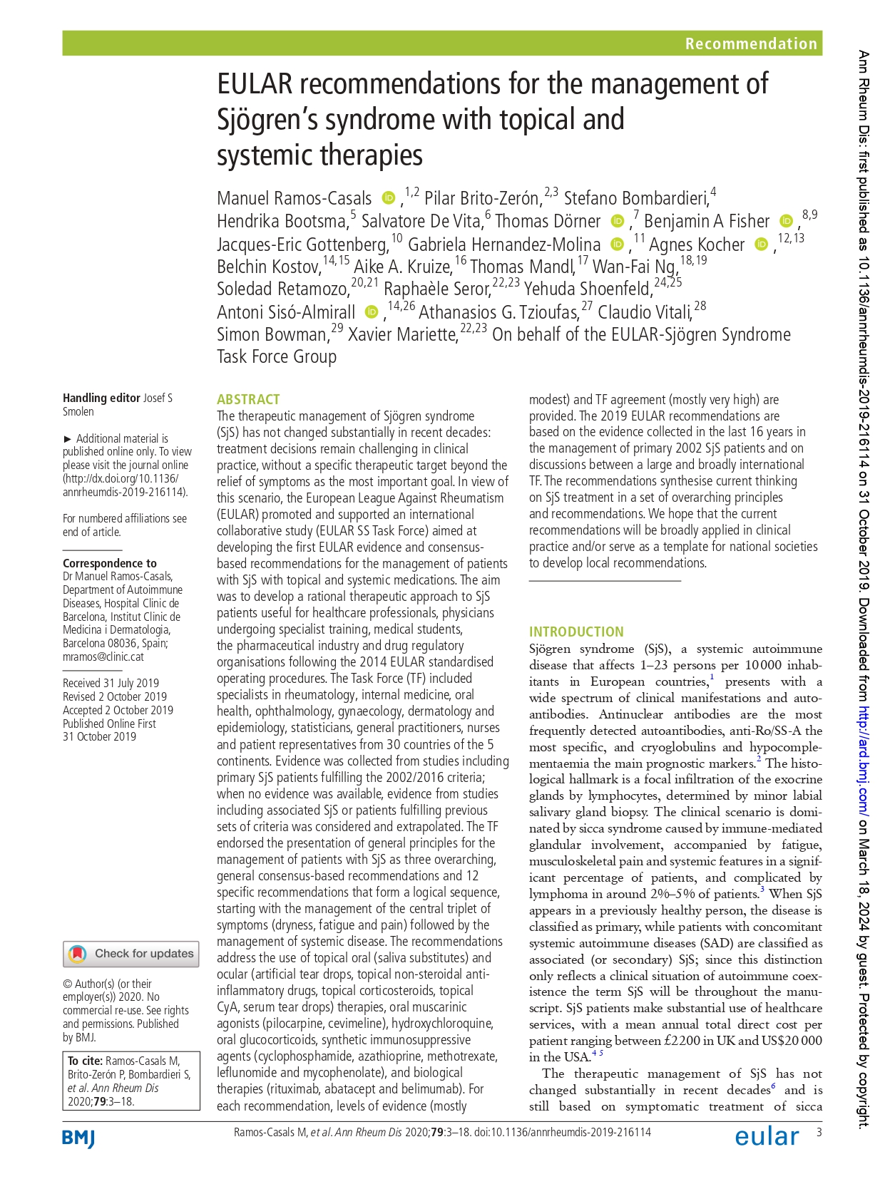 EULAR recommendations for the management of Sjögren’s syndrome with topical and systemic therapies (EULAR 2019)