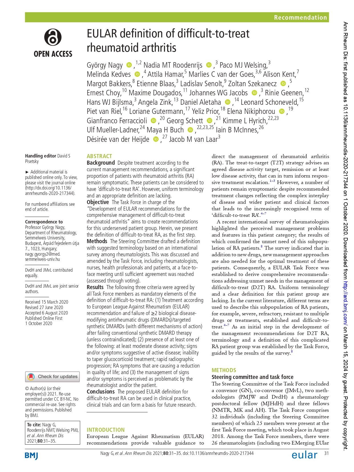 EULAR definition of difficult-to-treat rheumatoid arthritis (EULAR 2021)