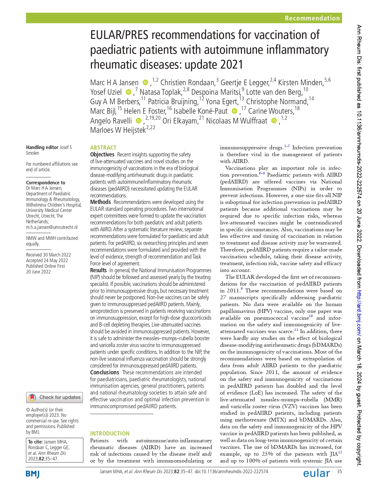 EULAR/PReS standards and recommendations for the transitional care of young people with juvenile-onset rheumatic diseases (EULAR 2017)