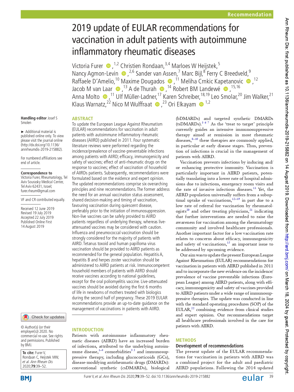 2019 update of EULAR recommendations for vaccination in adult patients with autoimmune inflammatory rheumatic diseases (EULAR 2019)