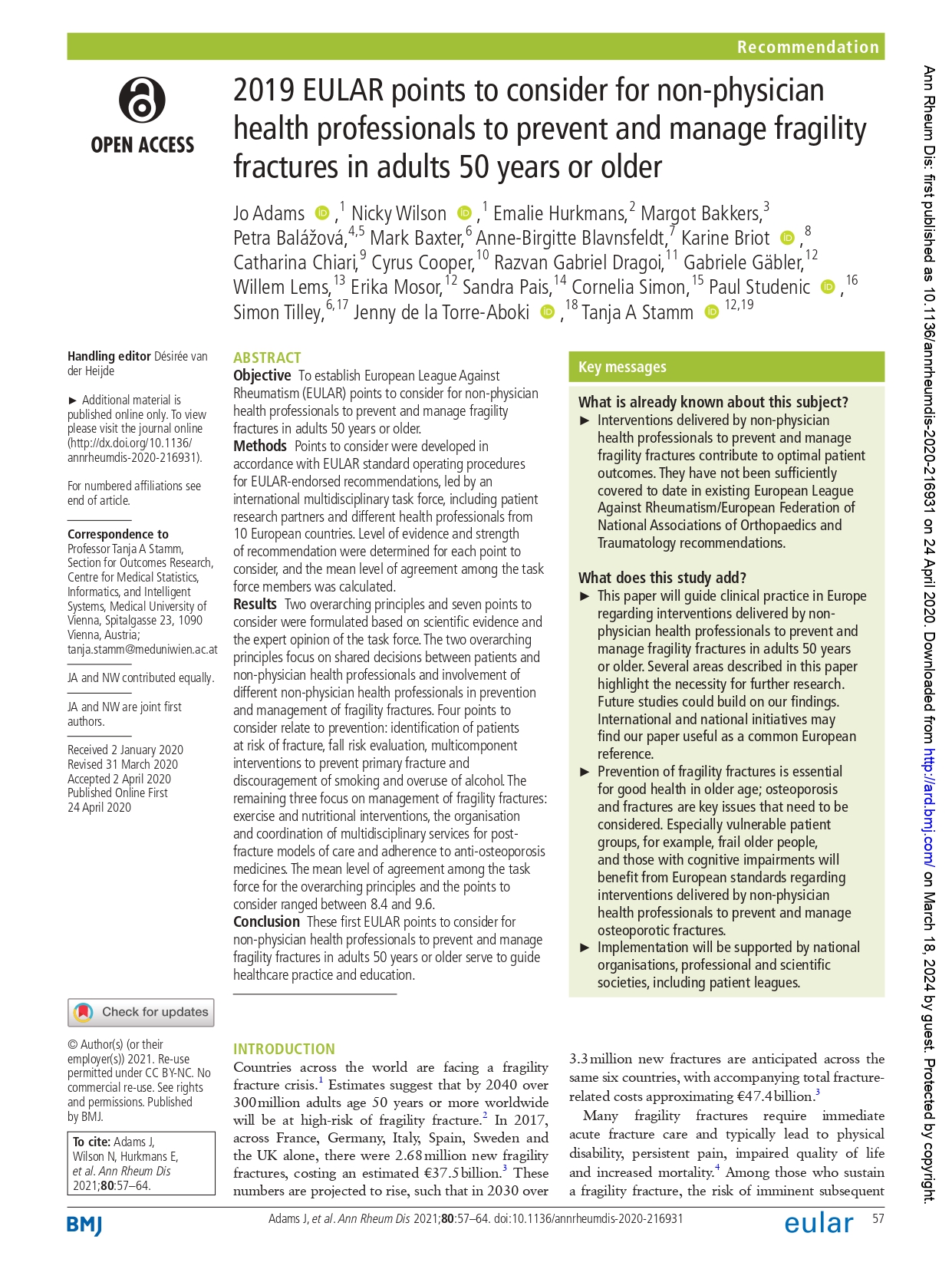 2019 EULAR points to consider for non-physician health professionals to prevent and manage fragility fractures in adults 50 years or older (EULAR 2019)