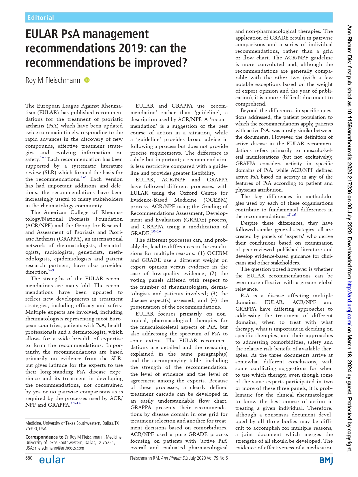 EULAR recommendations for the management of psoriatic arthritis with pharmacological therapies: 2019 update (EULAR 2019)