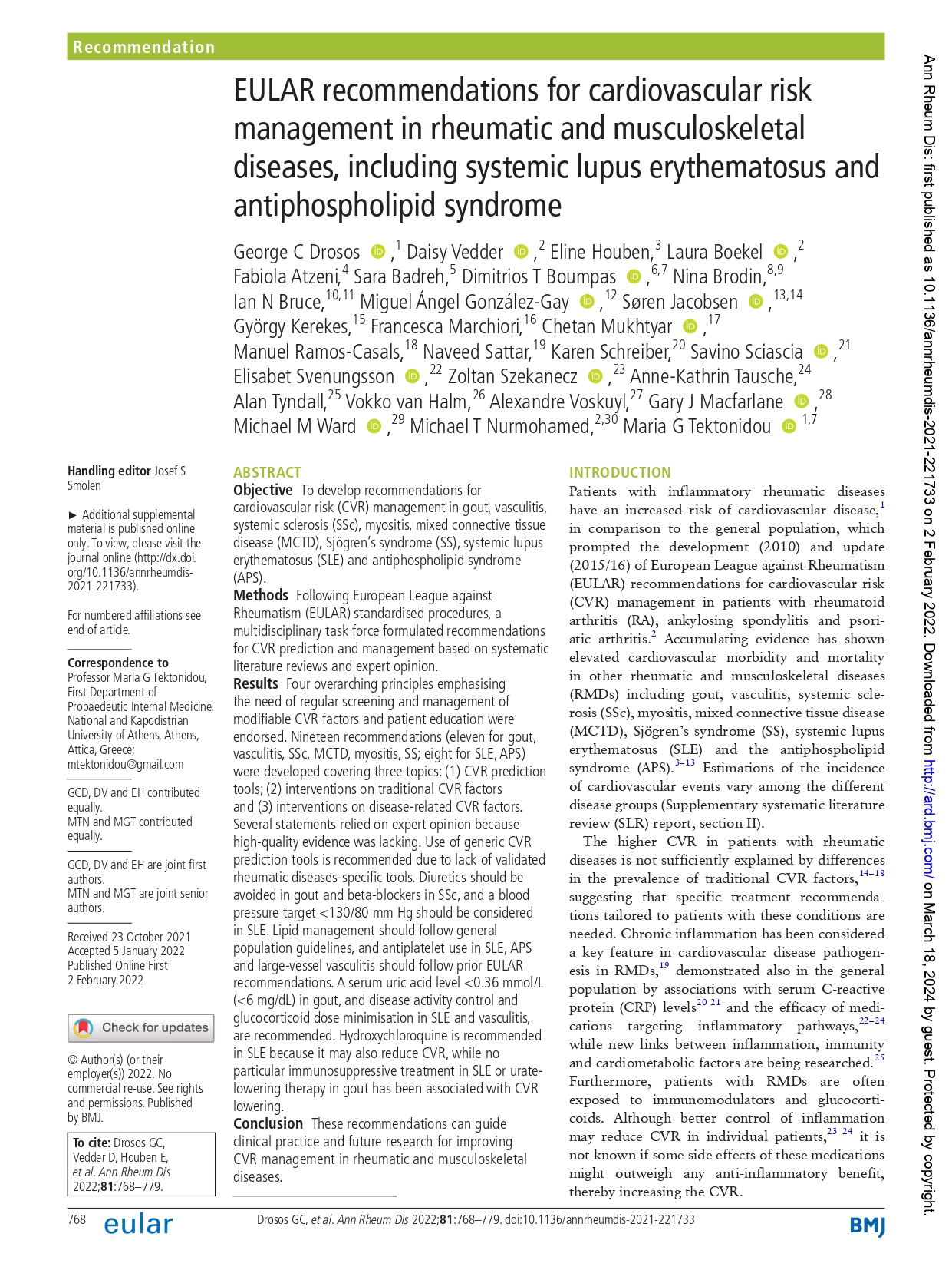 EULAR recommendations for cardiovascular risk management in rheumatic and musculoskeletal diseases, including systemic lupus erythematosus and antiphospholipid syndrome (EULAR 2021)
