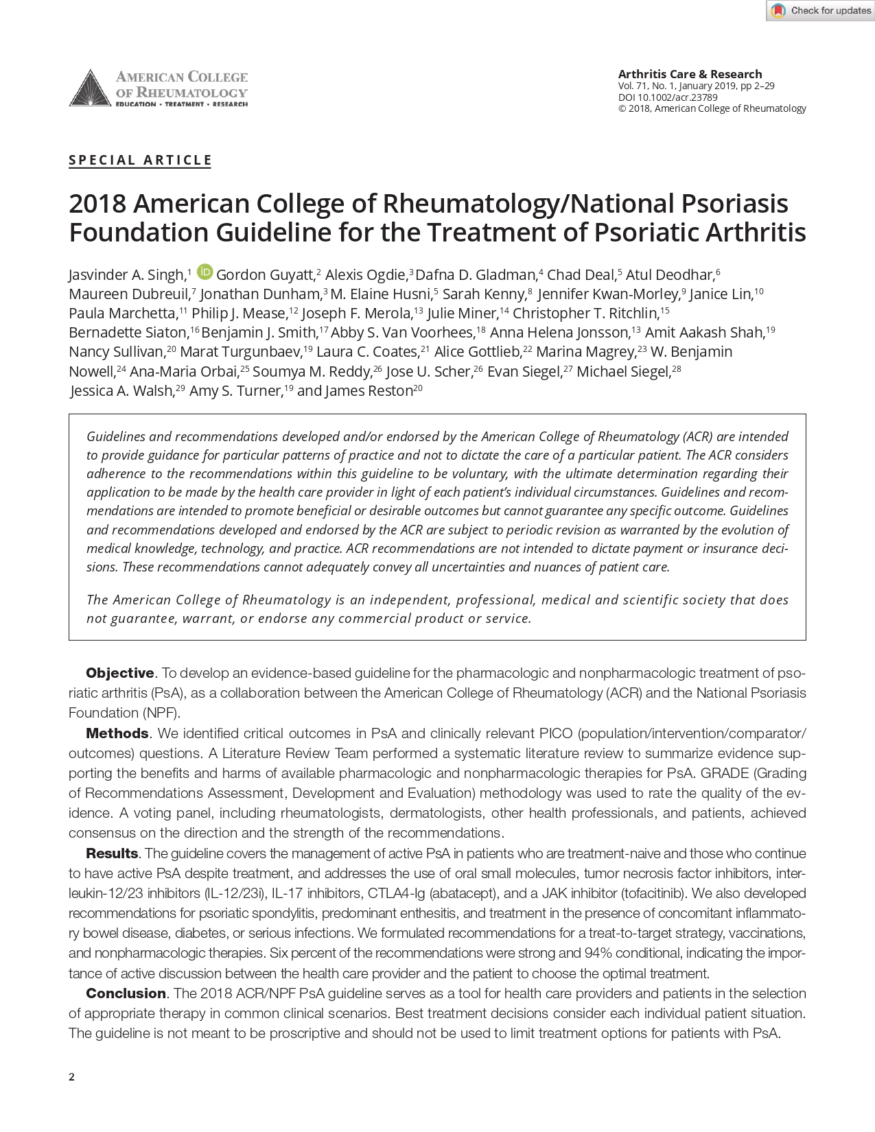 2018 American College of Rheumatology/National Psoriasis Foundation Guideline for the Treatment of Psoriatic Arthritis (ACR 2018)