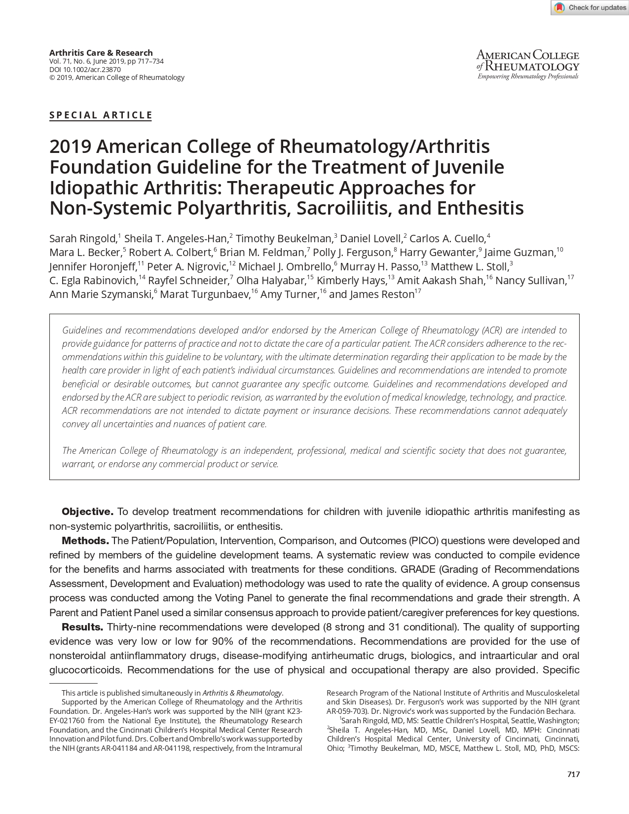 2019 American College of Rheumatology/Arthritis Foundation Guideline for the Treatment of Juvenile Idiopathic Arthritis: Therapeutic Approaches for Non- Systemic Polyarthritis, Sacroiliitis, and Enthesitis (ACR 2019)
