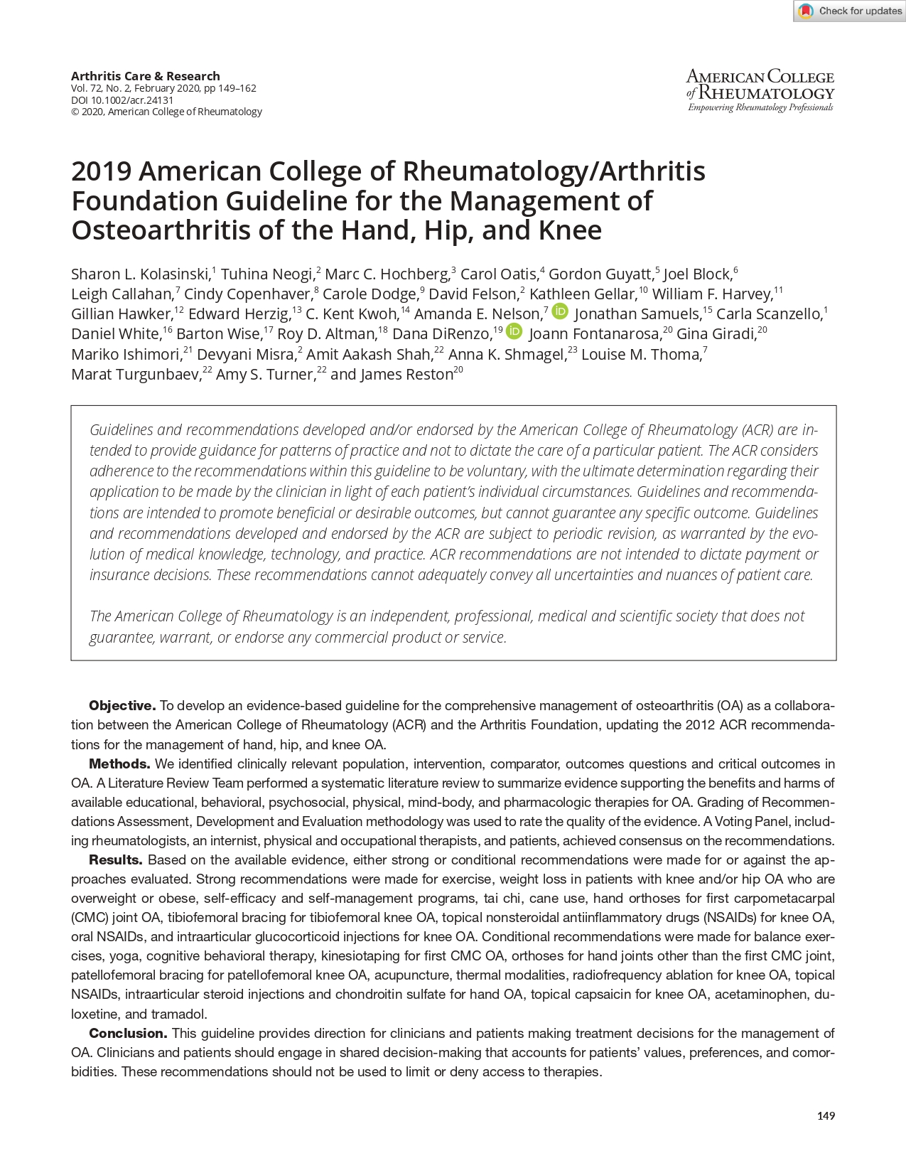 2019 American College of Rheumatology/Arthritis Foundation Guideline for the Management of Osteoarthritis of the Hand, Hip, and Knee (ACR 2019)