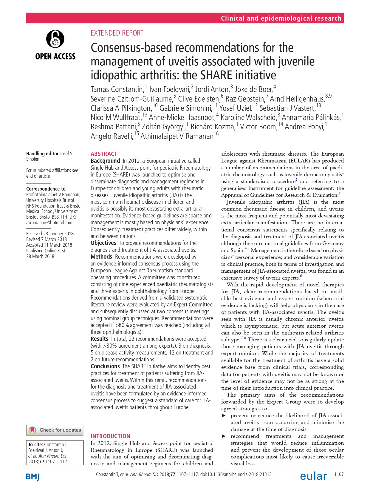 Consensus-based recommendations for the management of uveitis associated with juvenile idiopathic arthritis: the SHARE initiative