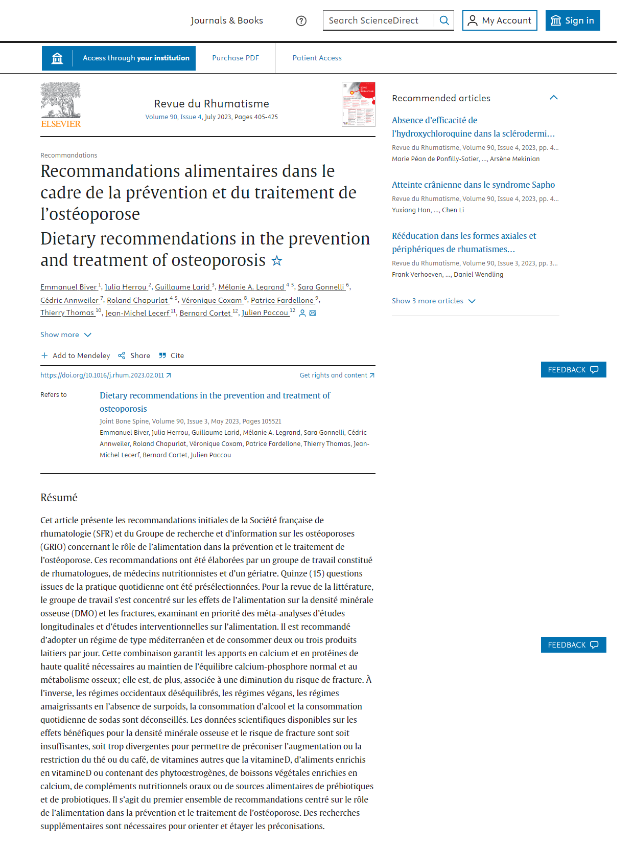 Recommandations alimentaires dans le cadre de la prévention et du traitement de l’ostéoporose (SFR&GRIO 2023)
