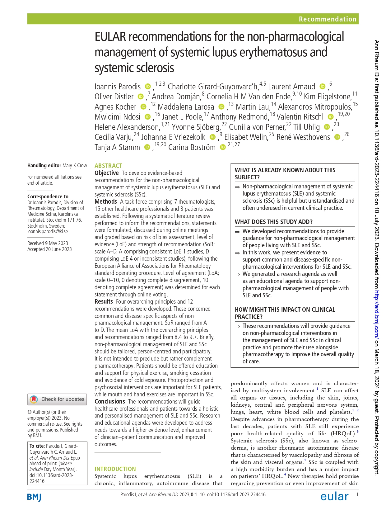 EULAR recommendations for the non-pharmacological management of systemic lupus erythematosus and systemic sclerosis